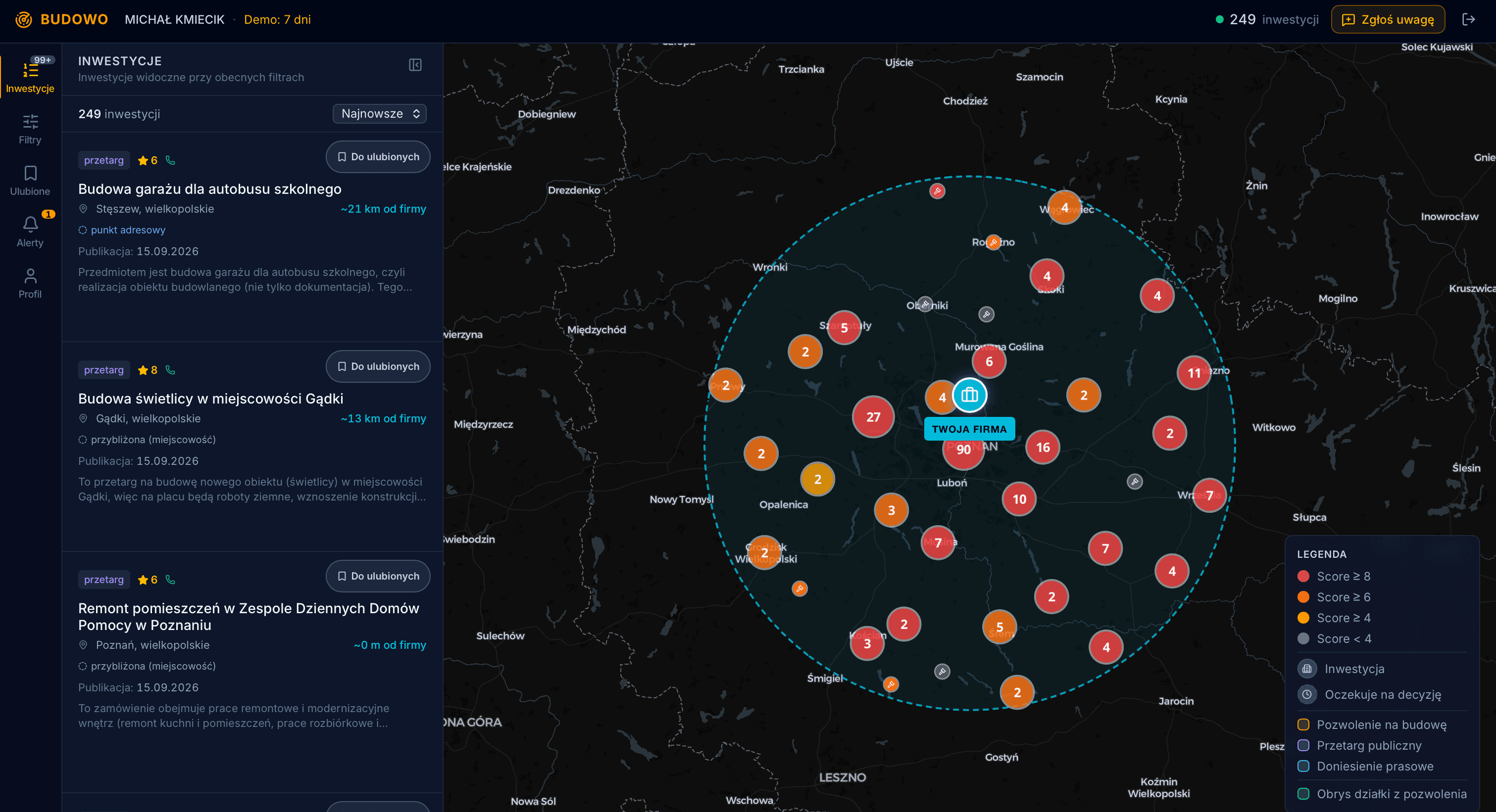 Budowo.pl demo map - 249 public tenders and building permits inside a 50 km radius around a company near Poznan, clustered and colour-coded by AI potential score