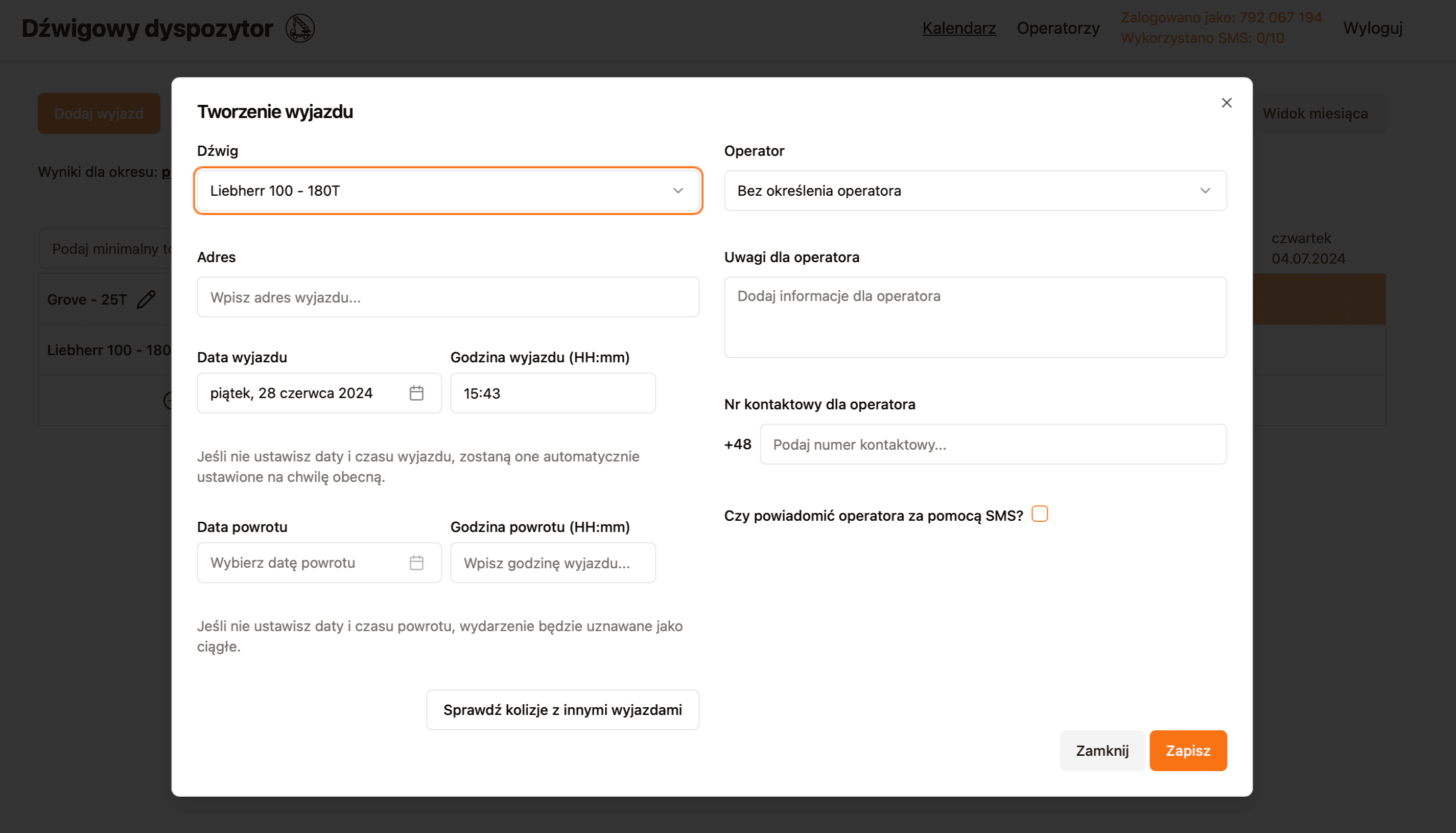 Job creation form in the Dźwigowy Dyspozytor app – tool for scheduling construction equipment, assigning operators, and managing project requests