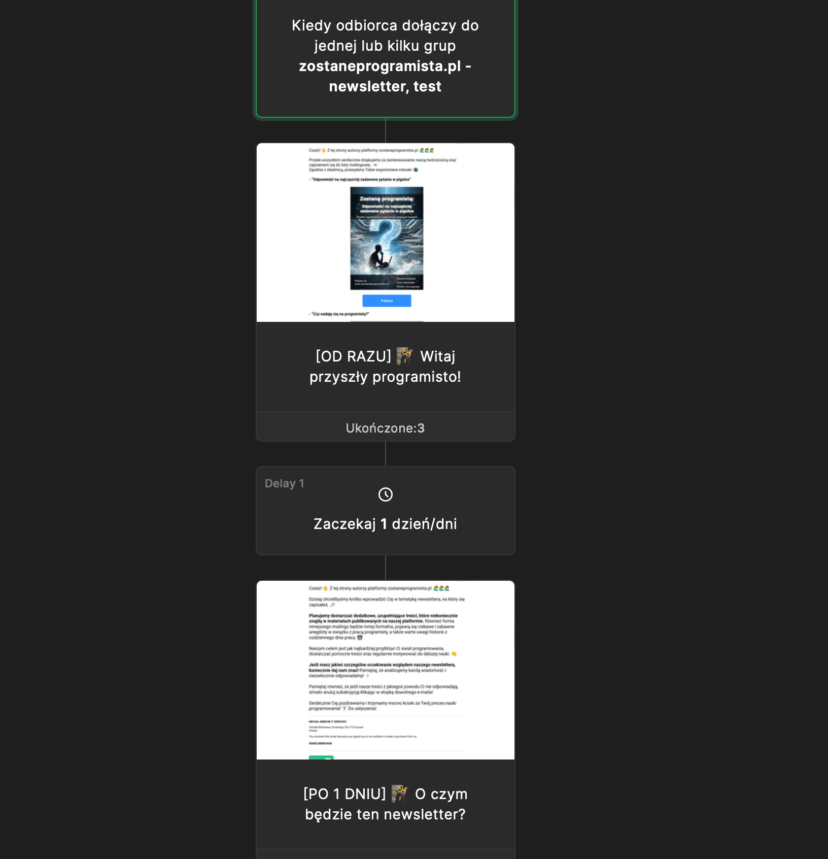MailerLite automation screen – configured email workflow for lead nurturing and eBook marketing