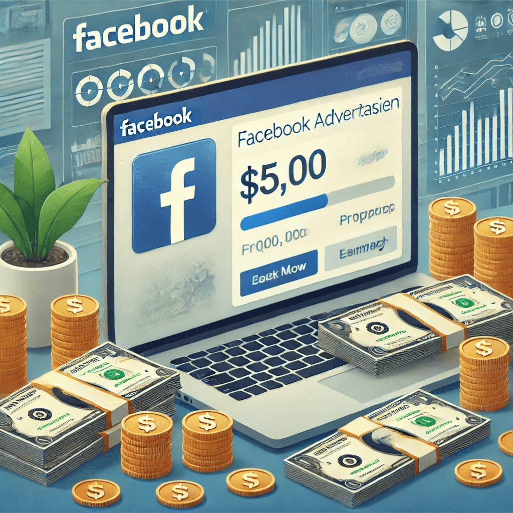 AI-generated image of a laptop displaying Facebook ads, surrounded by money – concept of online advertising and digital income