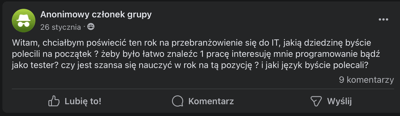 Facebook group question – real user asking how to get into the IT industry and become a software developer, which inspired the creation of our beginner eBook series