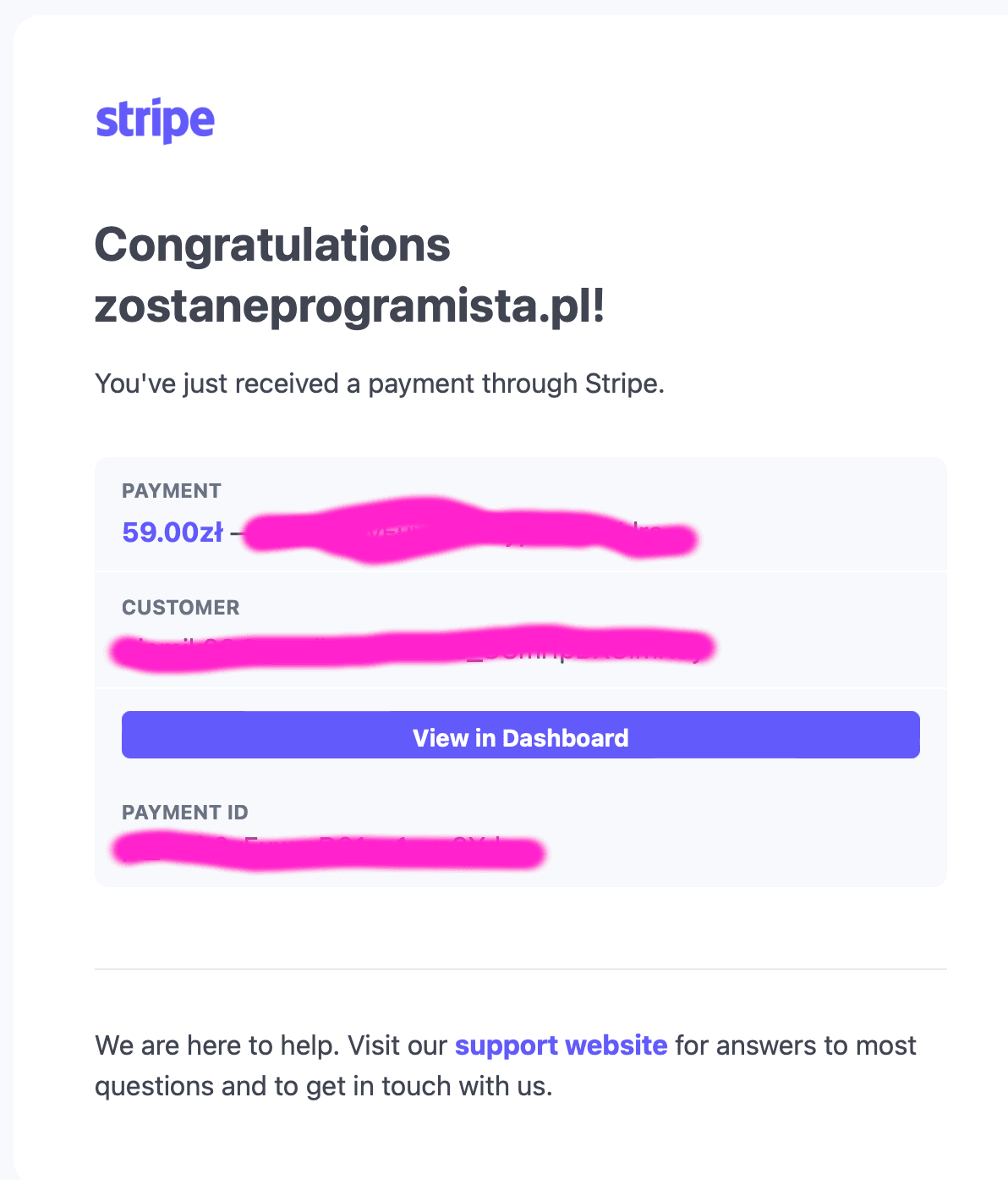 Stripe payment confirmation email – screenshot showing the first successful transaction processed via our online platform