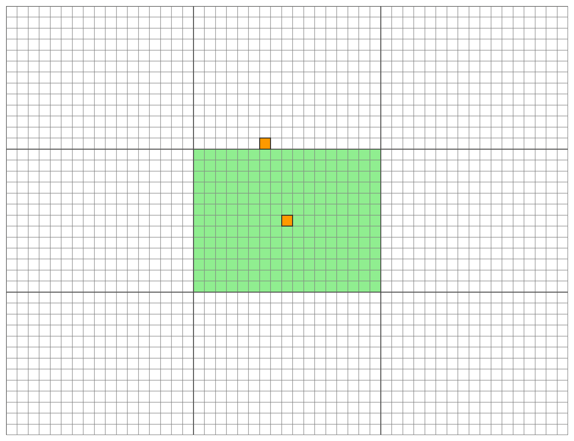 Game map visualization – full 39x51 tile grid with 9 highlighted 13x17 chunks and updated player position indicating dynamic camera or chunk transition logic
