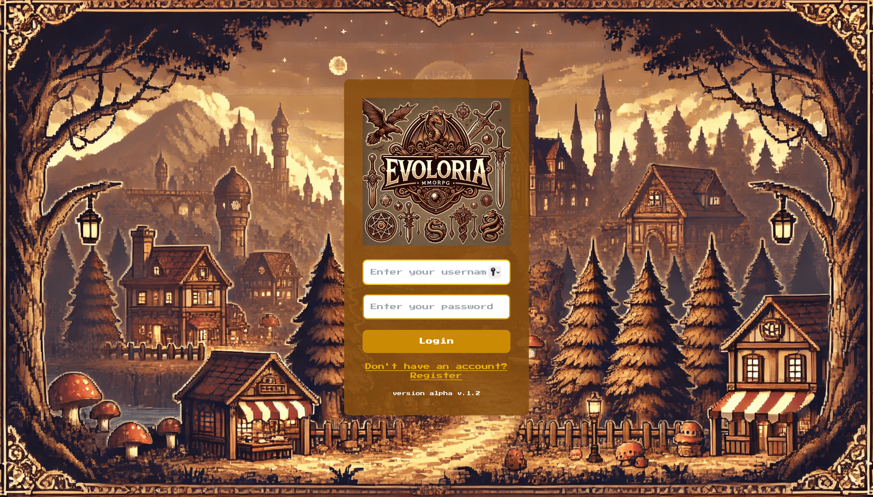 2D MMORPG login screen – fantasy-style medieval city with magical elements in brown hues as background