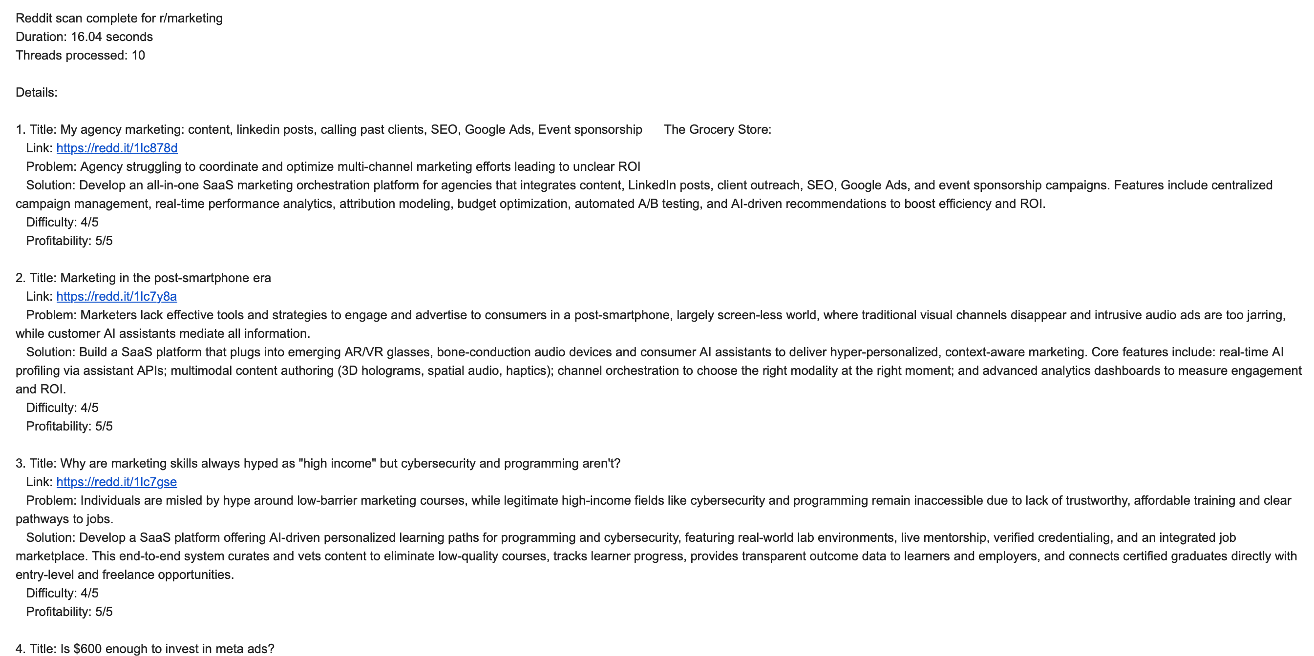 Email report with business ideas.