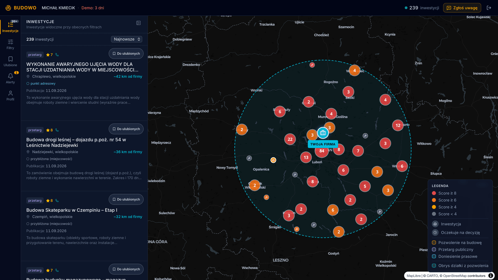 Aplikacja Budowo.pl — mapa inwestycji budowlanych w promieniu wokół siedziby firmy, z listą przetargów na roboty ziemne i drogowe, oceną szansy oraz odległością każdego zlecenia od firmy
