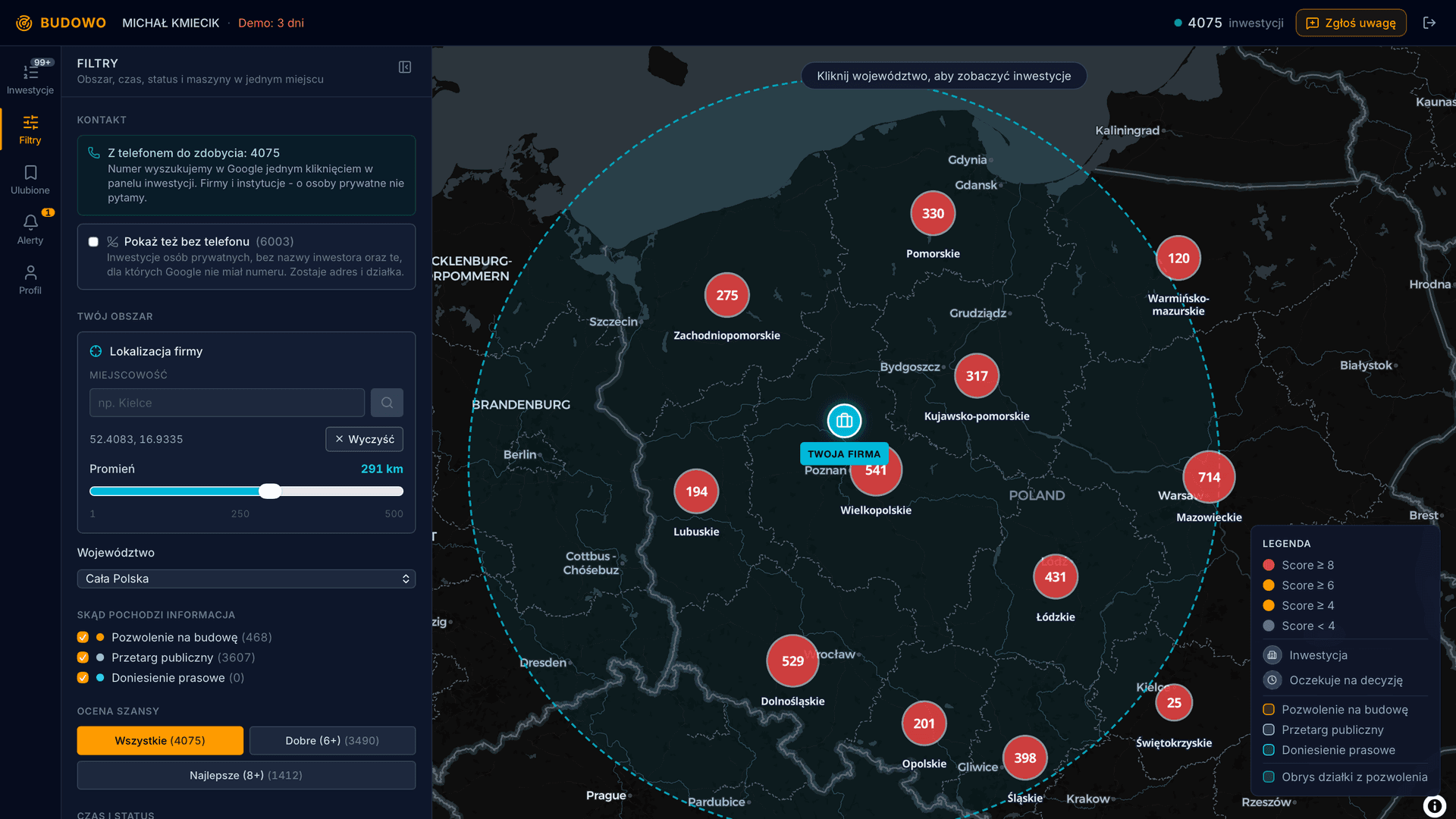 Panel filtrów Budowo.pl — wybór promienia działania, województwa i źródła danych (pozwolenia GUNB, przetargi publiczne) z mapą całej Polski i liczbą inwestycji w każdym województwie