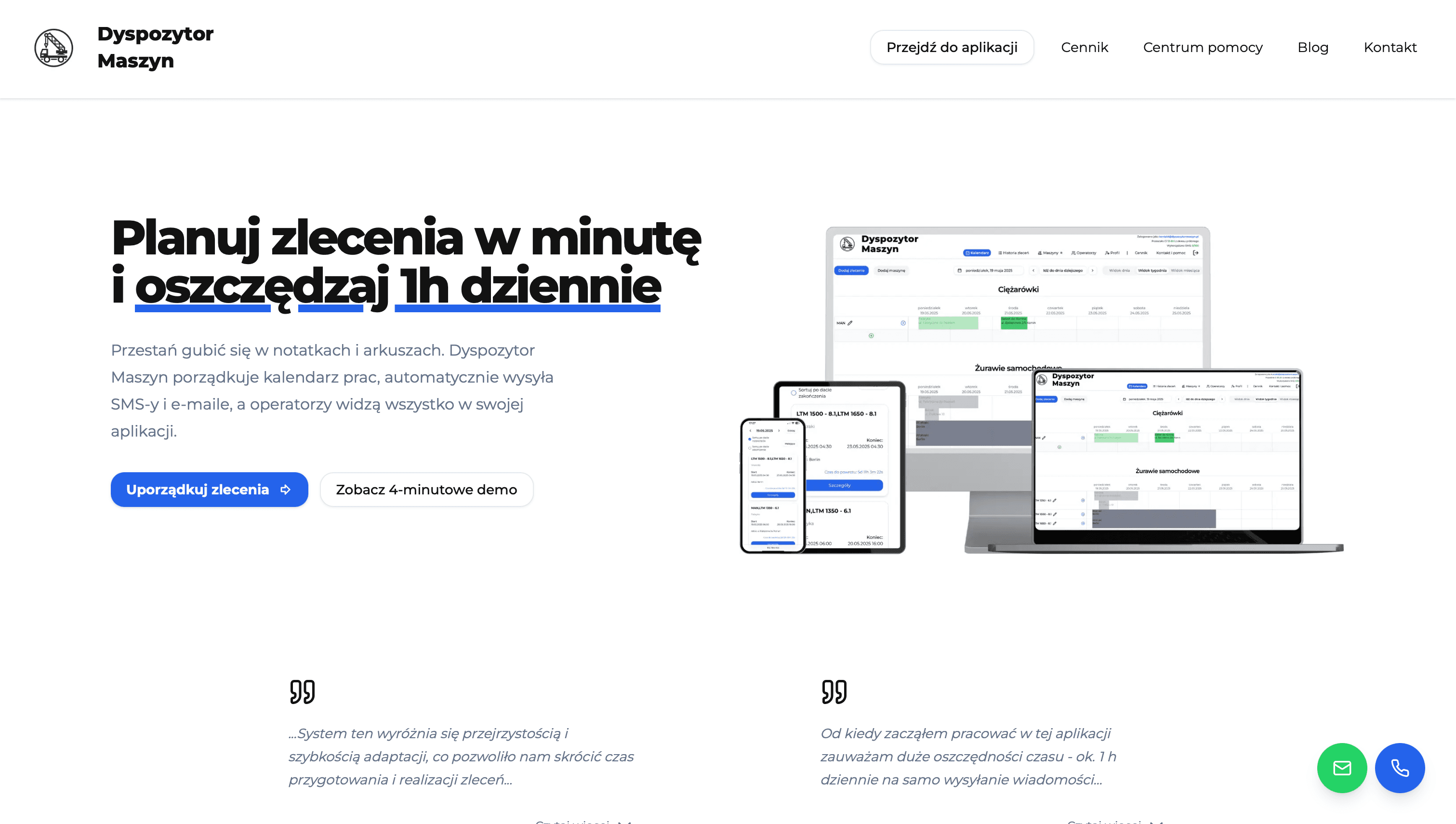 Strona główna dyspozytormaszyn.pl — hero z hasłem 'Planuj zlecenia w minutę i oszczędzaj 1h dziennie' oraz podgląd aplikacji na laptopie, tablecie i telefonie