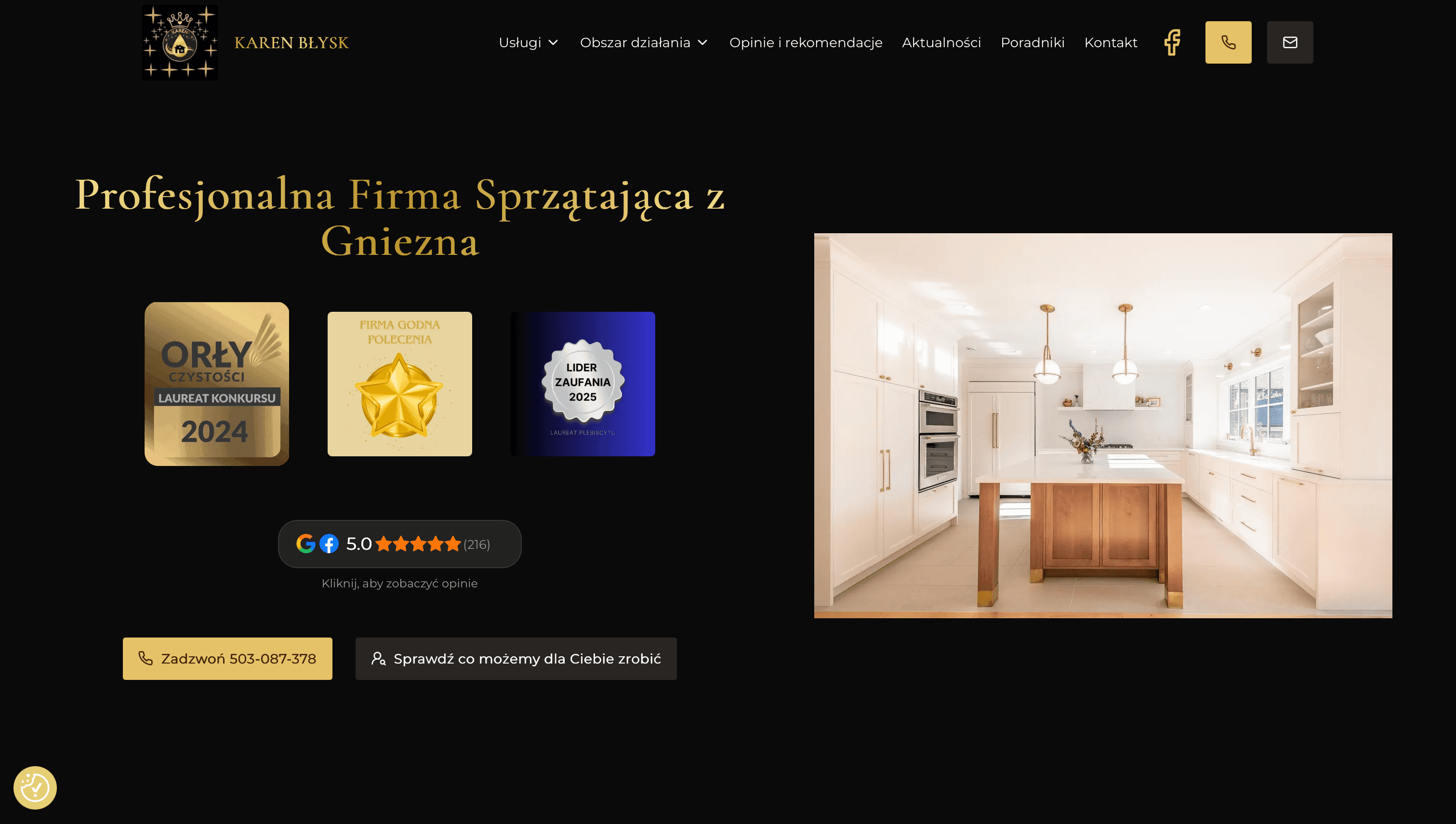 Strona główna karenblysk.pl — hero z tytułem 'Profesjonalna Firma Sprzątająca z Gniezna', odznaczeniami Orły Konsumenta 2024 i zagregowaną oceną 5.0 z Google i Facebooka