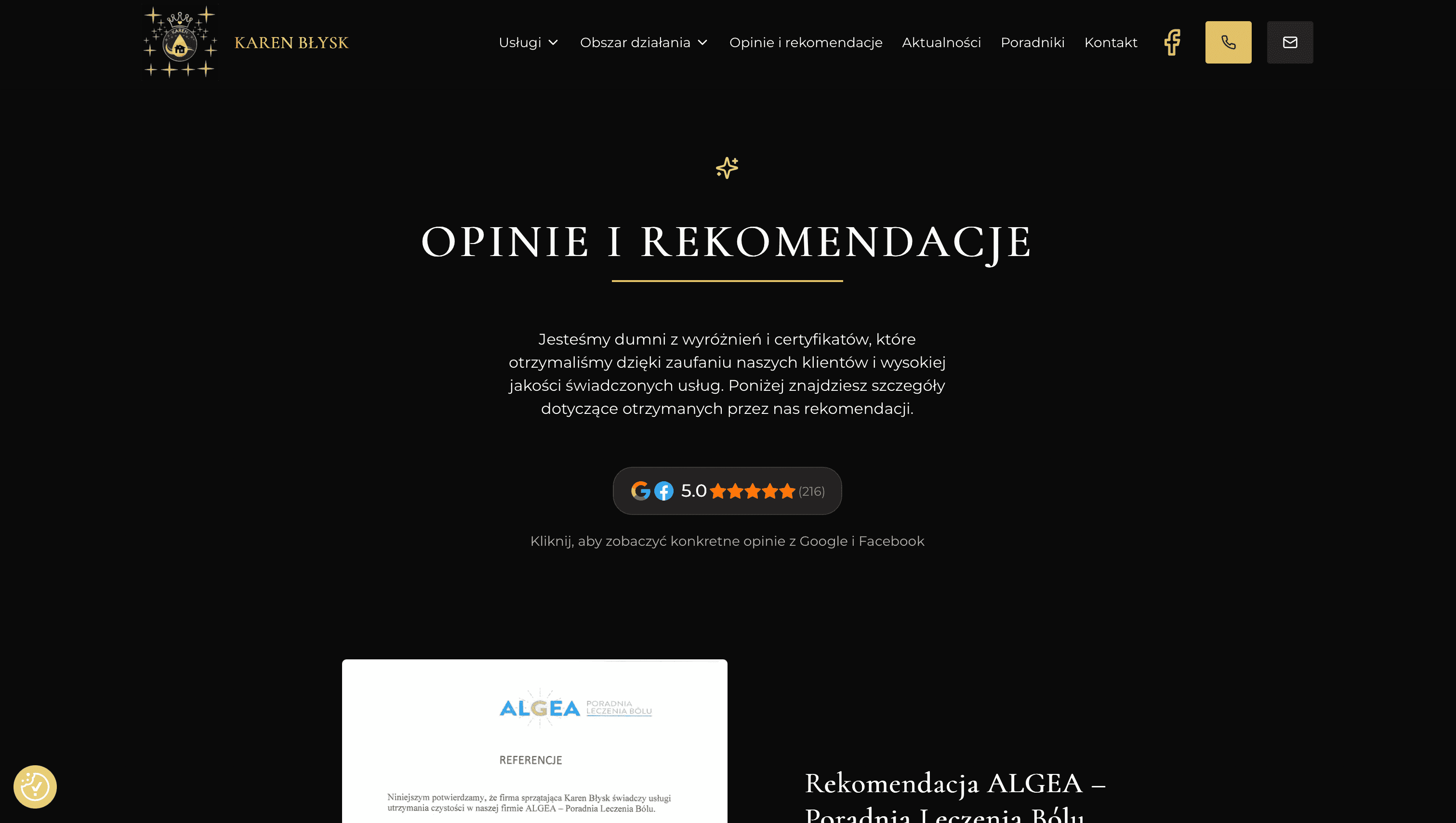 Sekcja opinii i rekomendacji karenblysk.pl — agregator ocen 5.0 z Google i Facebook oraz rekomendacja od firmy Algea