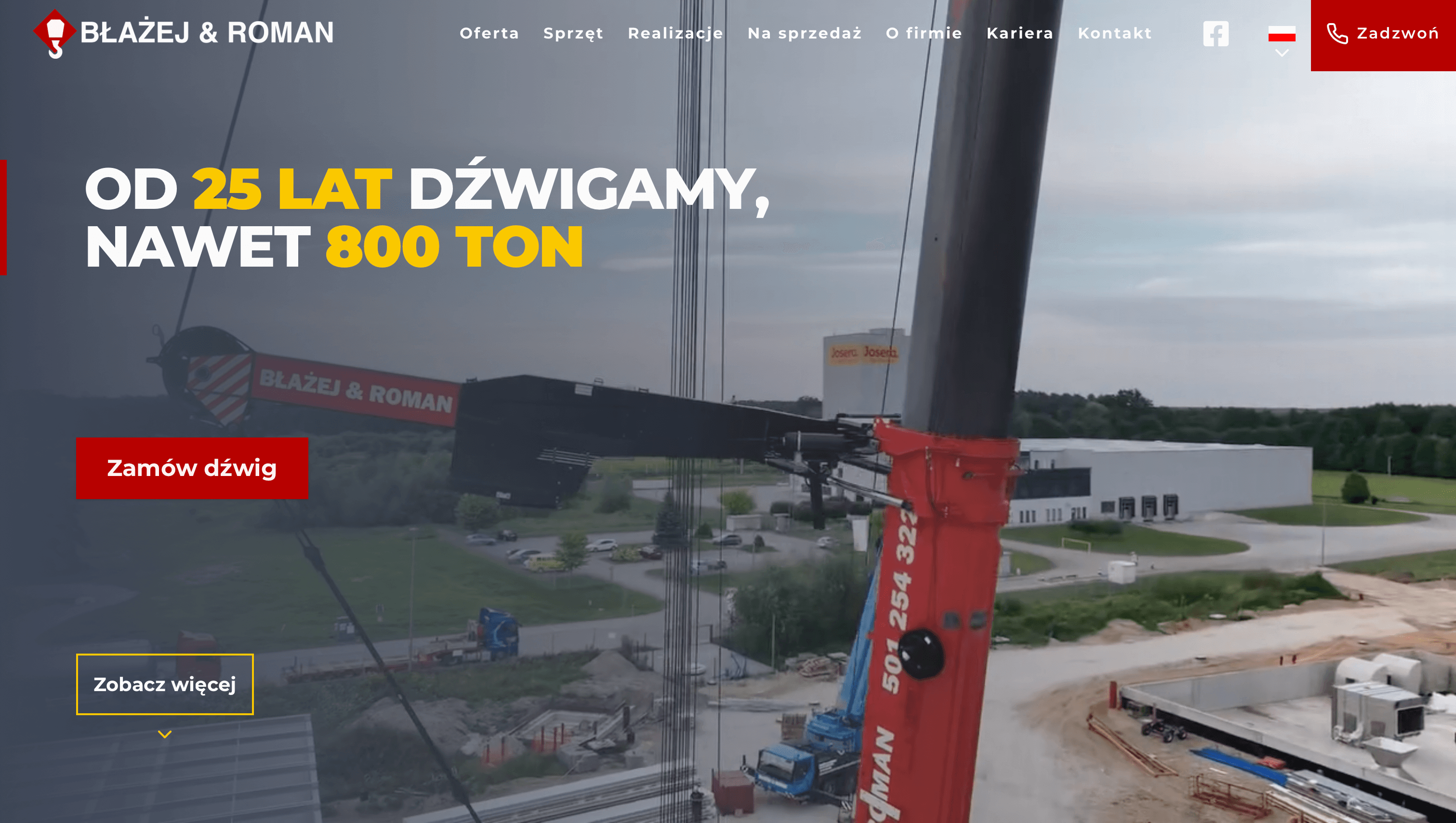 Strona główna uslugidzwigiem.pl — hero sekcja z hasłem 'Od 25 lat dźwigamy, nawet 800 ton' i widokiem żurawia na budowie