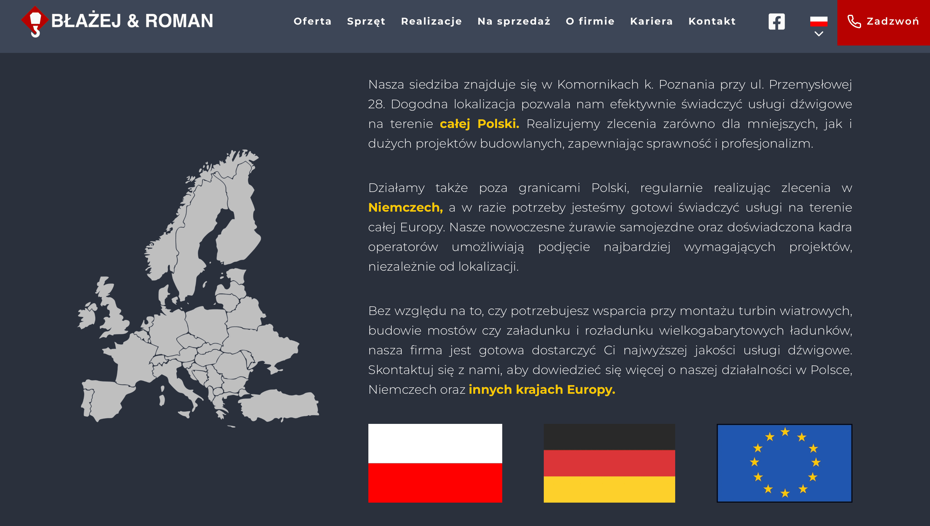 Sekcja zasięgu działania firmy Błażej & Roman — mapa Europy z zaznaczonym obszarem obsługi w Polsce, Niemczech i innych krajach UE
