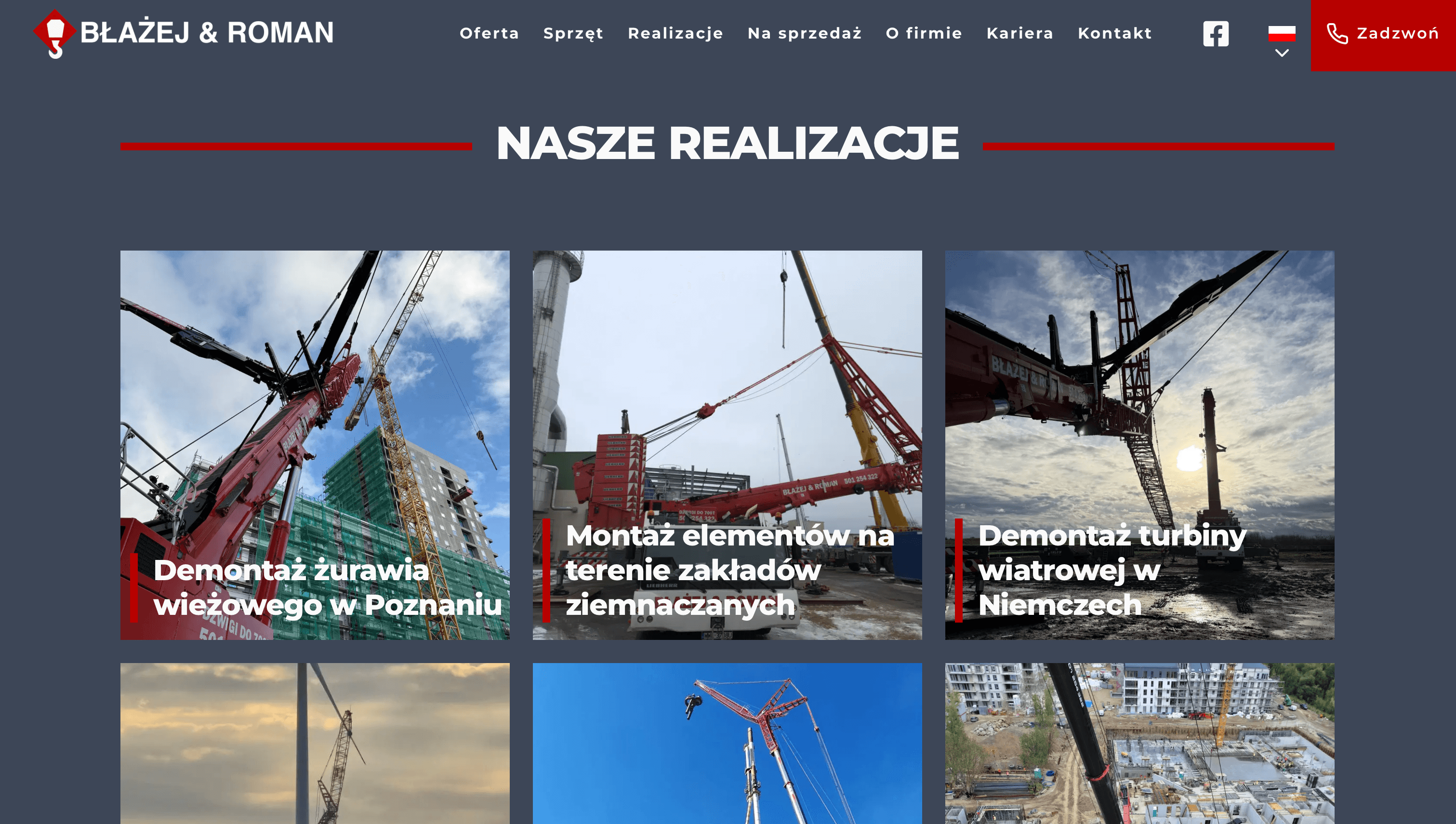 Sekcja realizacji uslugidzwigiem.pl — galeria zdjęć z projektów: demontaż żurawia wieżowego w Poznaniu, montaż elementów w zakładach ziemnaczanych, demontaż turbiny wiatrowej w Niemczech