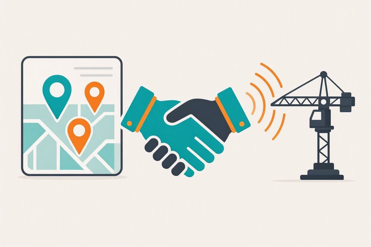 Illustration of the Budowo.pl ecosystem - a map dotted with construction investment leads, a crane fitted with a telemetry sensor, and a handshake standing for the partnership behind it